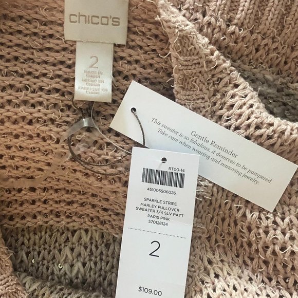 Chico’s NWT Marley Pullover Sweater, Pink Silver Sparkle Stripe Women's 2 (L) - Picture 8 of 13